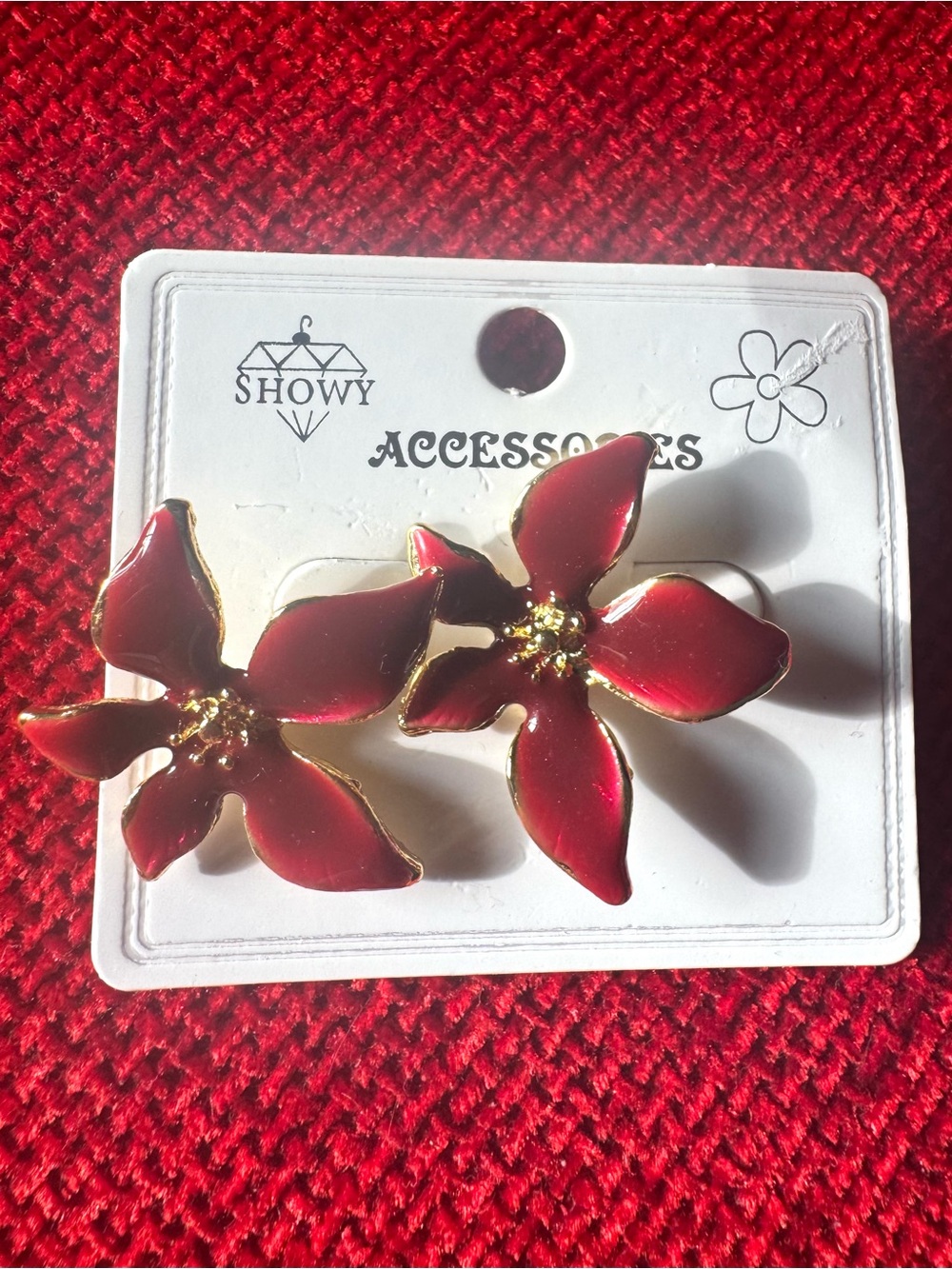 SHOWY Red Floral Petal Earrings with Gold Accent